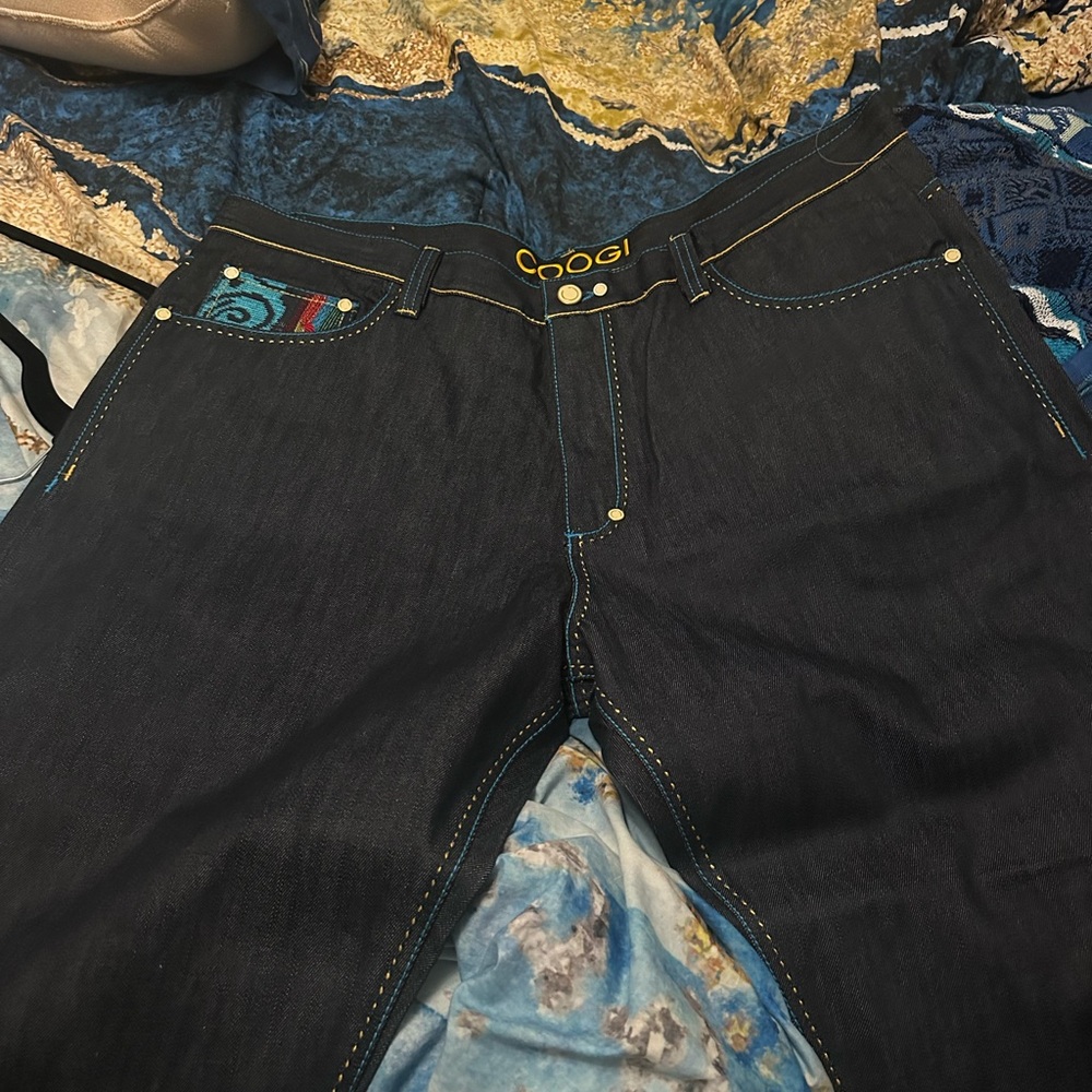 COOGI Men's Dark Blue Bootcut Jeans with Multicolor Details
